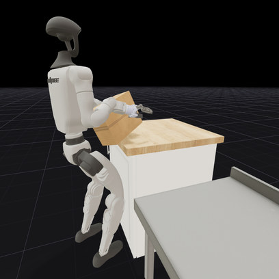 Pick up the box from the side table and place it on the counter.