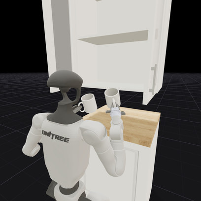 Pick up cups from the table and put them into the closed wall cabinet.